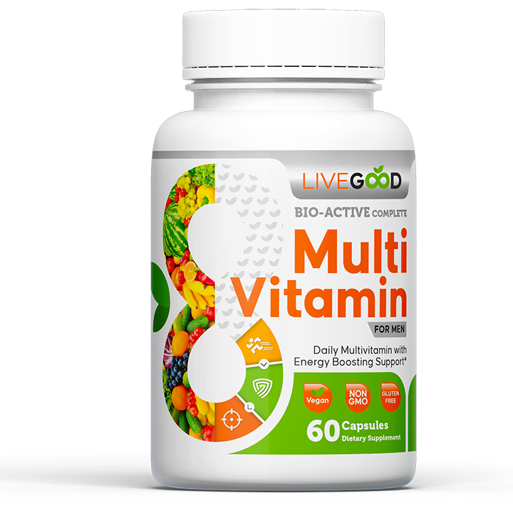 Fehér multivitamin kapszula üveg, LiveGood márkajelzéssel, 60 kapszula felirattal, férfiaknak.
