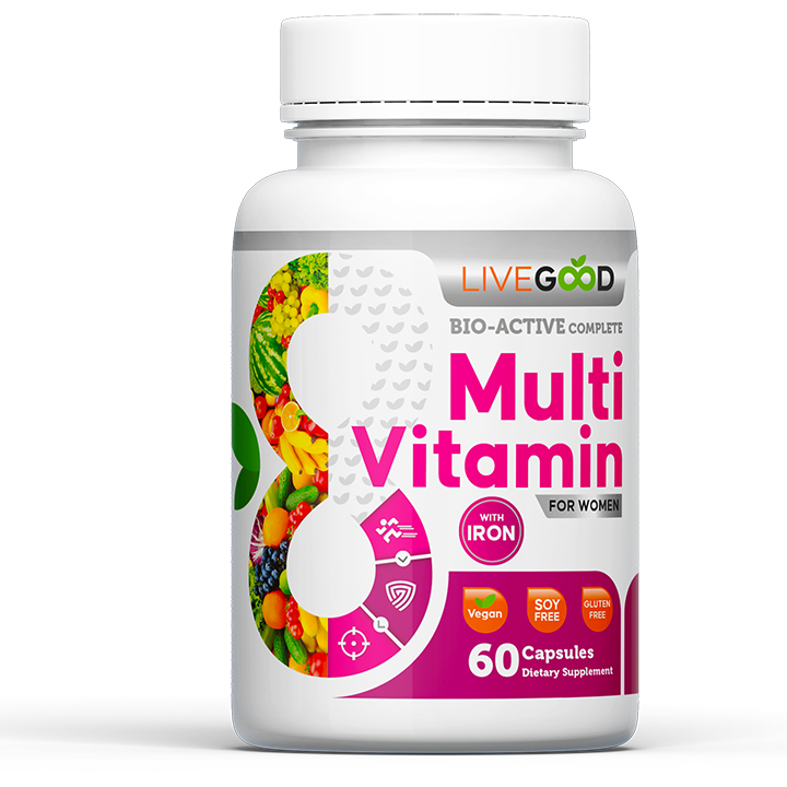 Fehér multivitamin kapszula üveg, LiveGood márkajelzéssel, női összetétel és 60 kapszula felirattal.