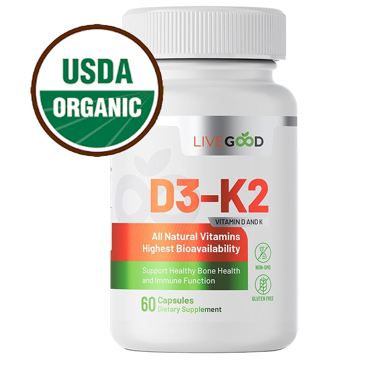 USDA Organic feliratú D3-K2 vitamin-kiegészítő kapszula üveg, LiveGood márkajelzéssel és 60 kapszulával.