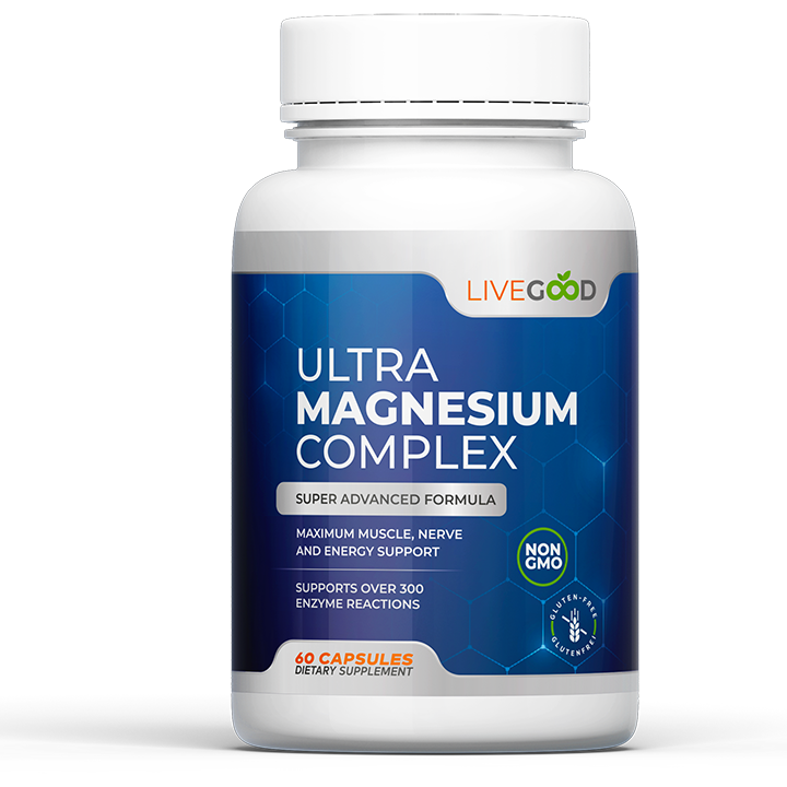 LiveGood Ultra Magnesium Complex étrend-kiegészítő kapszula üveg kék dizájnnal, fehér kupakkal és feliratokkal.