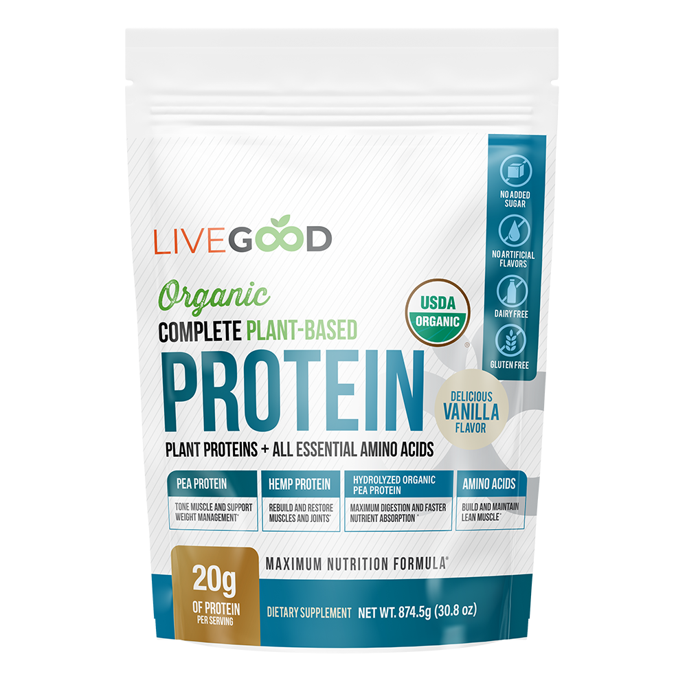 LiveGood organikus növényi alapú protein por csomagolás vanília ízzel, USDA Organic jelöléssel.
