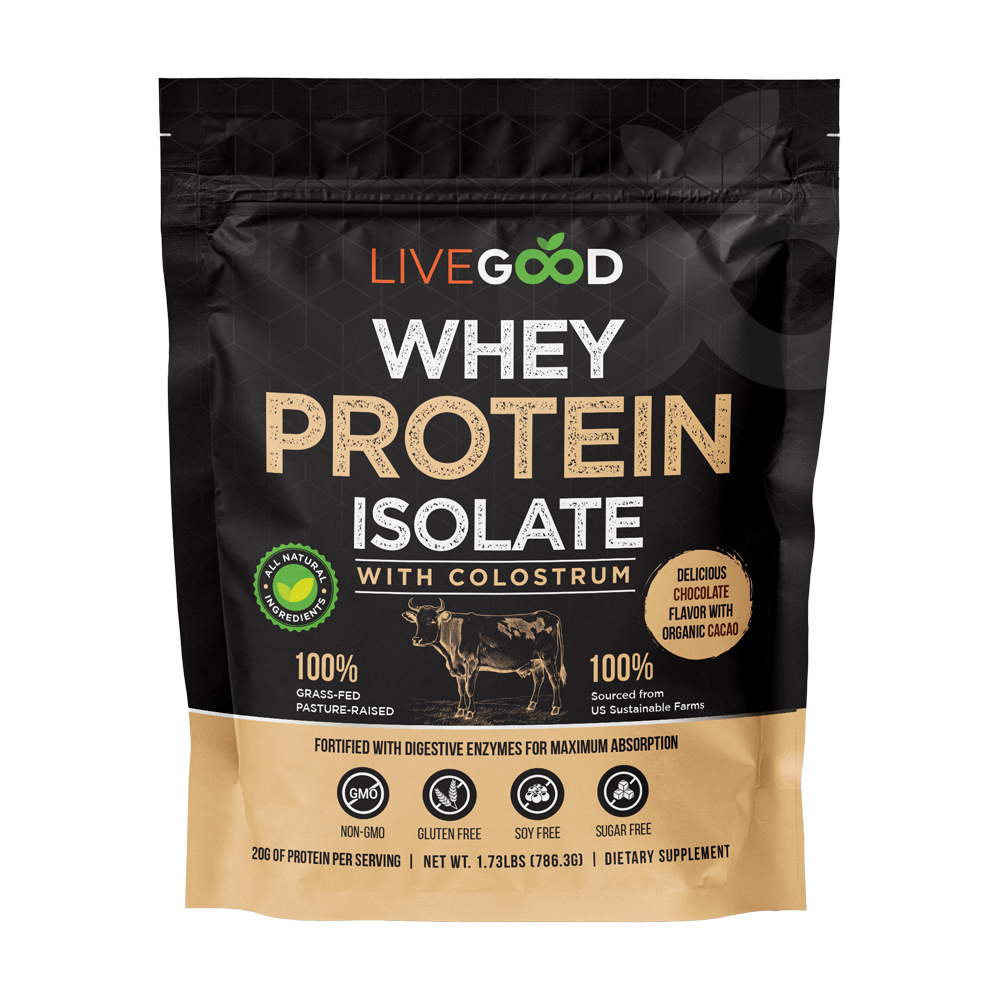 Fekete-arany csomagolású LiveGood Whey Protein izolátum tasak, szarvasmarha és feliratokkal.