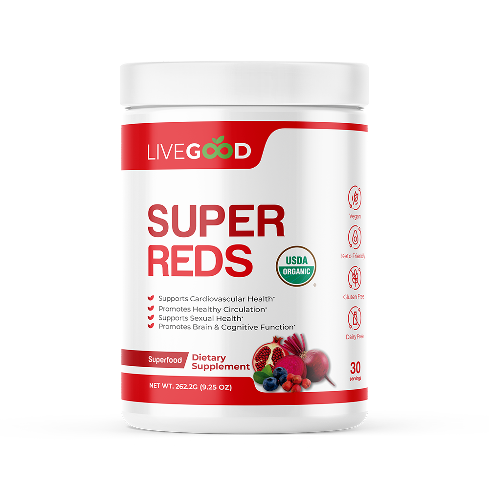 LiveGood Super Reds étrend-kiegészítő doboz, piros-fehér címkével, gyümölcsillusztrációkkal és USDA Organic jelzéssel.