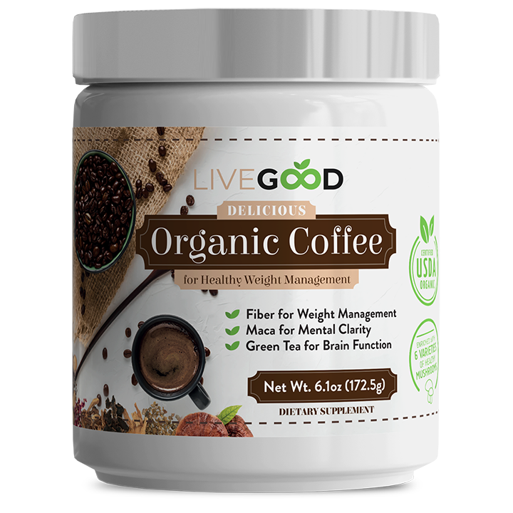 LiveGood Organic Coffee étrend-kiegészítő doboz, kávészemekkel és csésze kávéval, zöld levelekkel.