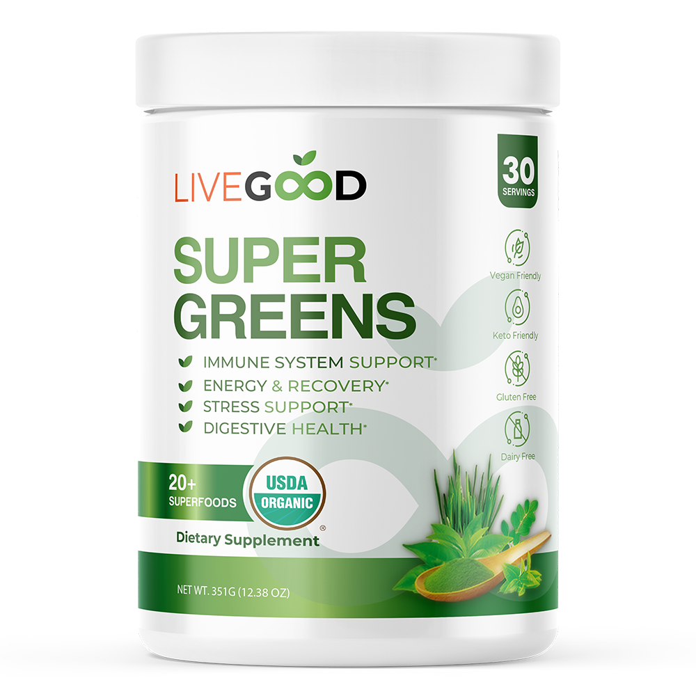 Zöld feliratú LiveGood Super Greens étrend-kiegészítő doboz, 30 adaggal, gyógynövényes illusztrációkkal.
