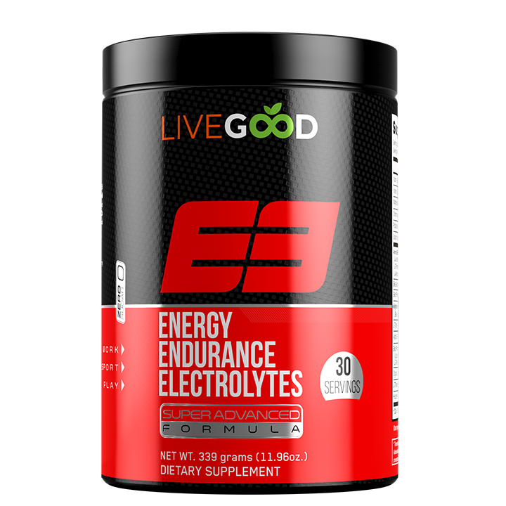 Fekete és piros LiveGood étrend-kiegészítő doboz, Energy Endurance Electrolytes felirattal, 30 adag jelzéssel.