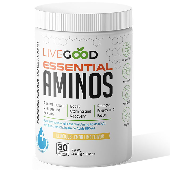 LiveGood Essential Aminos por tabletta, fehér üveg címkével, „Delicious Lemon Lime Flavor” felirattal.