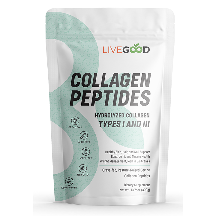 LiveGood Collagen Peptides tasak, zöld szív mintával, feliratokkal és táplálékkiegészítő információkkal.